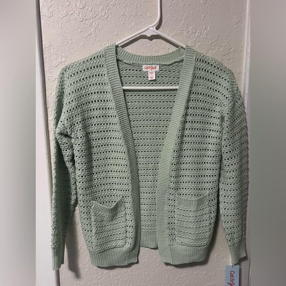 Cat & Jack Girls Light Sage Open Knit Crochet Cardigan Sweater Size S (6/7)